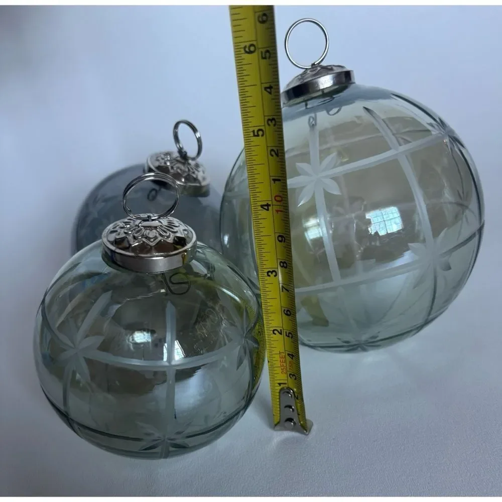 Vintage Pottery Barn Etched Glass Ball Ornaments Set Of 3 Mercury Glaze
